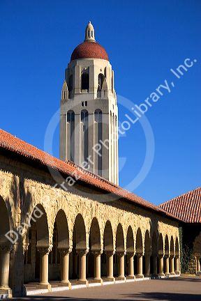 Hoover Tower and the Arched portico of the Main Quadrangle at the campus at Stanford University in Palo Alto, California.