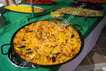 A traditional dish of Paella with fish and rice in Southern Spain.