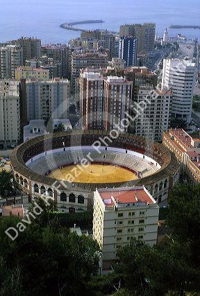 An aerial view of the bullring in Malaga, Spain.