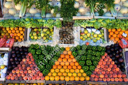 Artistic display of fruit and vegetables at a stand in Gesell, Argentina.
