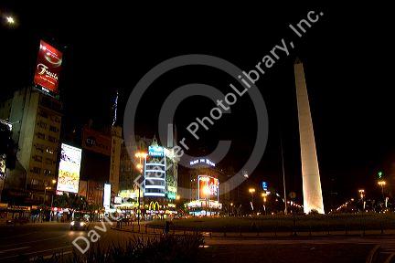 Plaza de la Republica and 9th of July Avenue at night in Buenos Aires, Argentina.