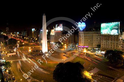 Avenida 9 de Julio and the Obelisk at night in Buenos Aires, Argentina.