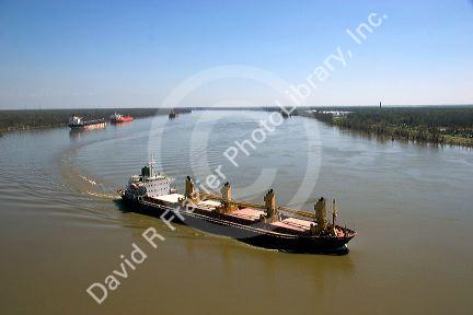 Grain ship on the Mississippi River near New Orleans, Louisiana.