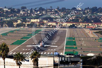 Boeing 737 airplane landing at San Diego, California.