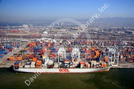 Container ships and cranes at the Port of Oakland, in the bay area of California.