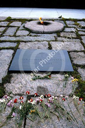 The grave site of President John F. Kennedy and the eternal flame at Arlington National Cemetery, Washington DC, Virginia.