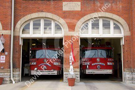 Fire station with fire trucks at Wapakeneta, Ohio.