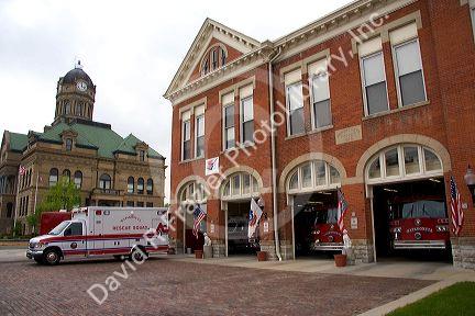 Fire station with fire trucks at Wapakeneta, Ohio.
