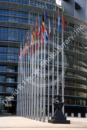 European Union Parliament and flags of member nations in Strasbourg, France.