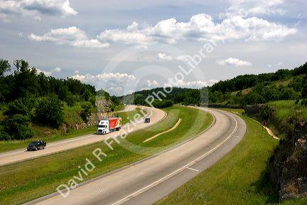 Automobiles travel on Interstate 40 near West Fork, Arkansas.