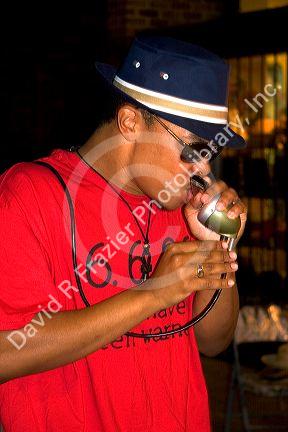 A musician playing the harmonica on Beale Street in Memphis, Tennessee.