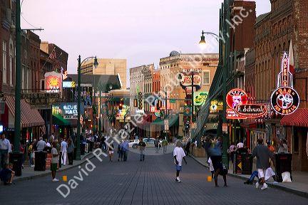 Blues clubs and neon signs on Beale Street in Memphis, Tennessee.
