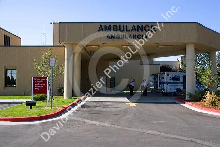 Ambulance parked at the emergency entrance to the West Valley Medical Center in Caldwell, Idaho.