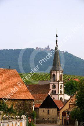 Church steeple and vineyards near the village of Ribeauville, Eastern France. Koenigsbourg Castle on the hill.