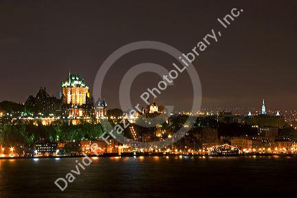 A view of Quebec City and the Chateau Frontenac across the St. Lawrence River at night, Canada.
