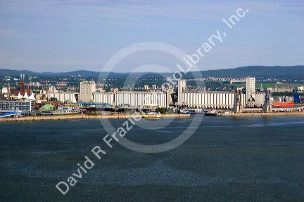 A view of Quebec City and grain elevators across the St. Lawrence River, Canada.