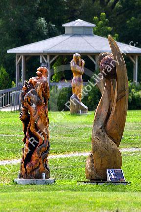 Wood sculptures at Parc des Trois Berets in the village of St.-Jean-Port-Joli along the St. Lawrence River, Quebec, Canada.