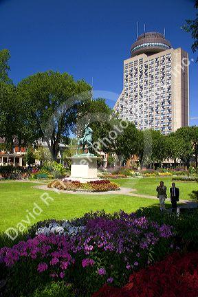 Flower garden and Hotel Loews Le Concord at Quebec City, Quebec, Canada.