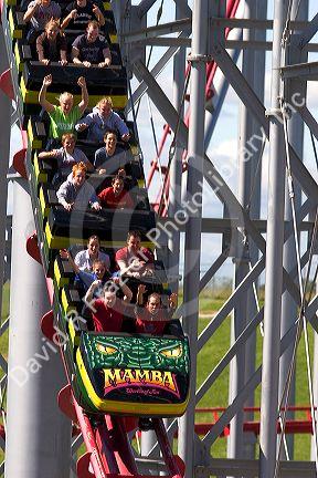 Visitors ride the Mamba roller coaster at Worlds of Fun in Kansas City, Missouri.