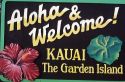 A welcome sign for Kauai, Hawaii.