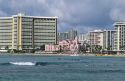 Waikiki Beach in Honolulu, Hawaii.  Pink hotel is the Royal Hawaiian