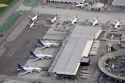 Aerial image of FedEx airplanes parked at LAX airport, Los Angeles, California.