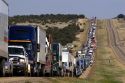 Traffic backed up after an auto accident on Interstate 40 east of Moriarty, New Mexico.