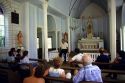 The interior of St. Philomena Catholic Church on the island of Molokai, Hawaii.