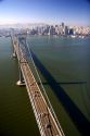 Aerial view of traffic on the bay bridge and the city of San Francisco, California.