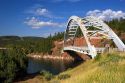 Arched iron suspension bridge along highway 191 at Flaming Gorge National Recreation Area in Utah.