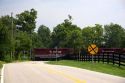 Rural railroad crossing with train near Lexington, Kentucky.