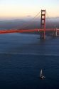 A sailboat near the Golden Gate Bridge in the San Francisco Bay, California.
