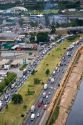 Aerial view of traffic on highways in Sao Paulo, Brazil.