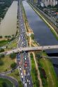 Aerial view of traffic on a highway and overpass in Sao Paulo, Brazil.