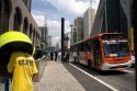 Street scene with public transportation bus in Sao Paulo, Brazil.