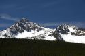 Snowy mountain peaks are a part of the Sawtooth Mountain range in Idaho.
