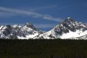 Snowy mountain peaks are a part of the Sawtooth Mountain range in Idaho.
