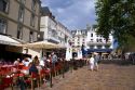 Sidewalk cafes in the walled port city of Saint-Malo in Brittany, northwestern France.