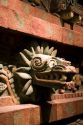 Carved serpent head is an artifact from Teotihuacan on display at the National Museum of Anthropology in Mexico City, Mexico.