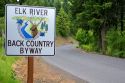 Road sign marking the Elk River Backcountry Byway in Clearwater County, Idaho.