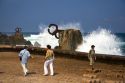 Blowhole spraying water in La Concha Bay in the city of Donostia-San Sebastian, Guipuzcoa, Basque Country, Northern Spain.