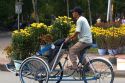 Vietnamese man transporting flowers on a cyclo in Hue, Vietnam.