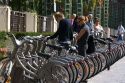 Velib public bicycle rentals near Les Halles in Paris, France.