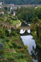 Gardens along the Alzette River in the Grund district of Luxembourg City, Luxembourg.