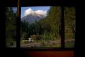 View of the Arenal Volcano from a window of the Arenal Observatory Lodge near La Fortuna, San Carlos, Costa Rica.