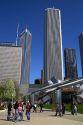 A view of Aon Center and Two Prudential Plaza buildings from Millennium Park in Chicago, Illinois, USA.