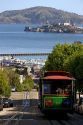 Cable car and Alcatraz Island in San Francisco, California, USA.
