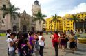 Basilica Cathedral and the Municipal Palace at the Plaza Mayor or Plaza de Armas of Lima, Peru.