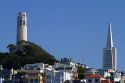 A view of Coit Tower and the Transamerica Pyramid skyscraper in San Francisco, California, USA.