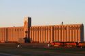 BNSF Railway train in front of the Agri Producers Grain Corp grain elevators at Plainview, Texas, USA.